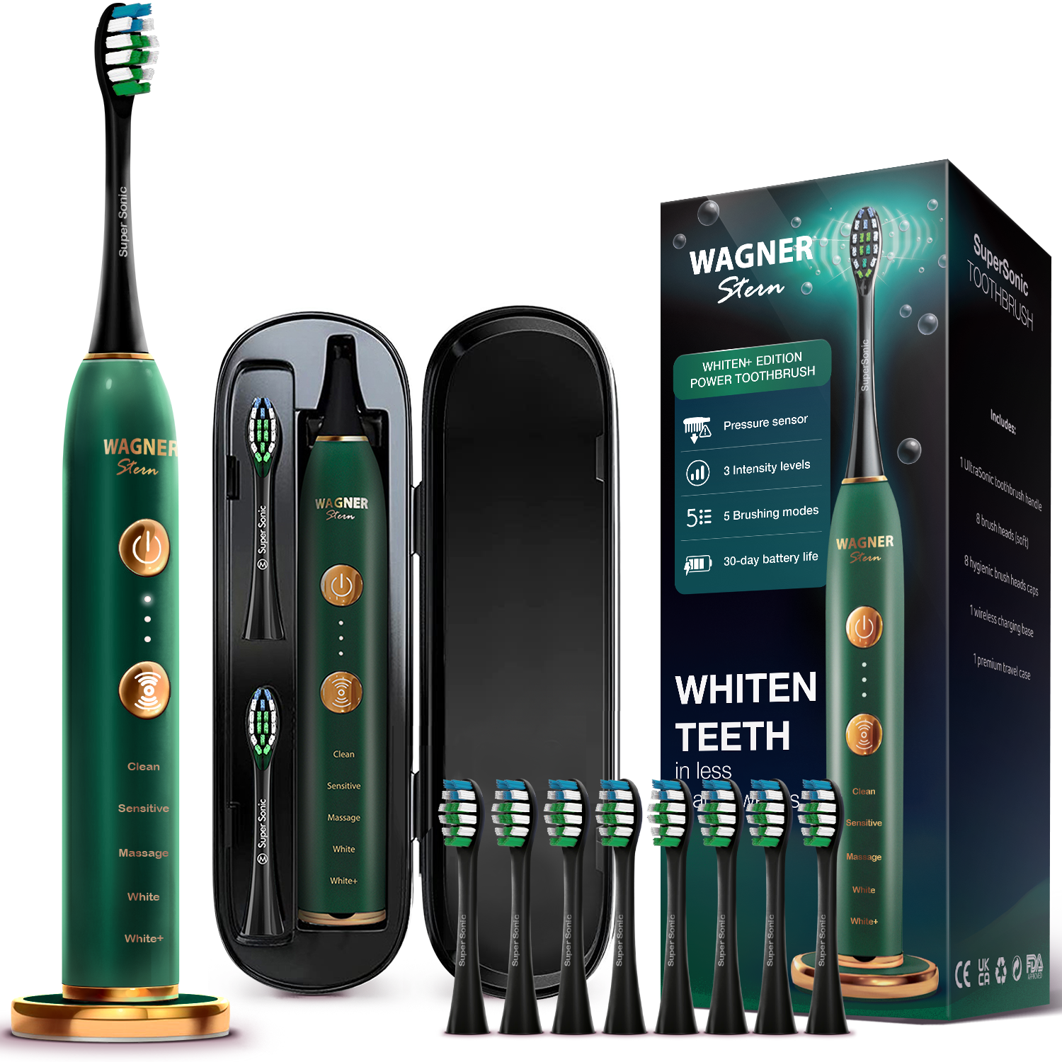 Wagner Stern WHITEN+ Edition. Smart Electric Toothbrush with Pressure Sensor. 5 Modes, 3 Intensity Levels, 8 Dupont Bristles, Premium Travel Case.
