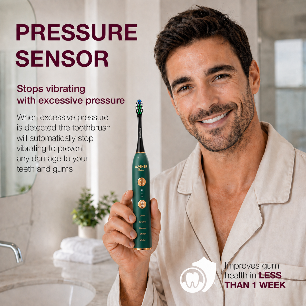 Wagner Stern WHITEN+ Edition. Smart Electric Toothbrush with Pressure Sensor. 5 Modes, 3 Intensity Levels, 8 Dupont Bristles, Premium Travel Case.