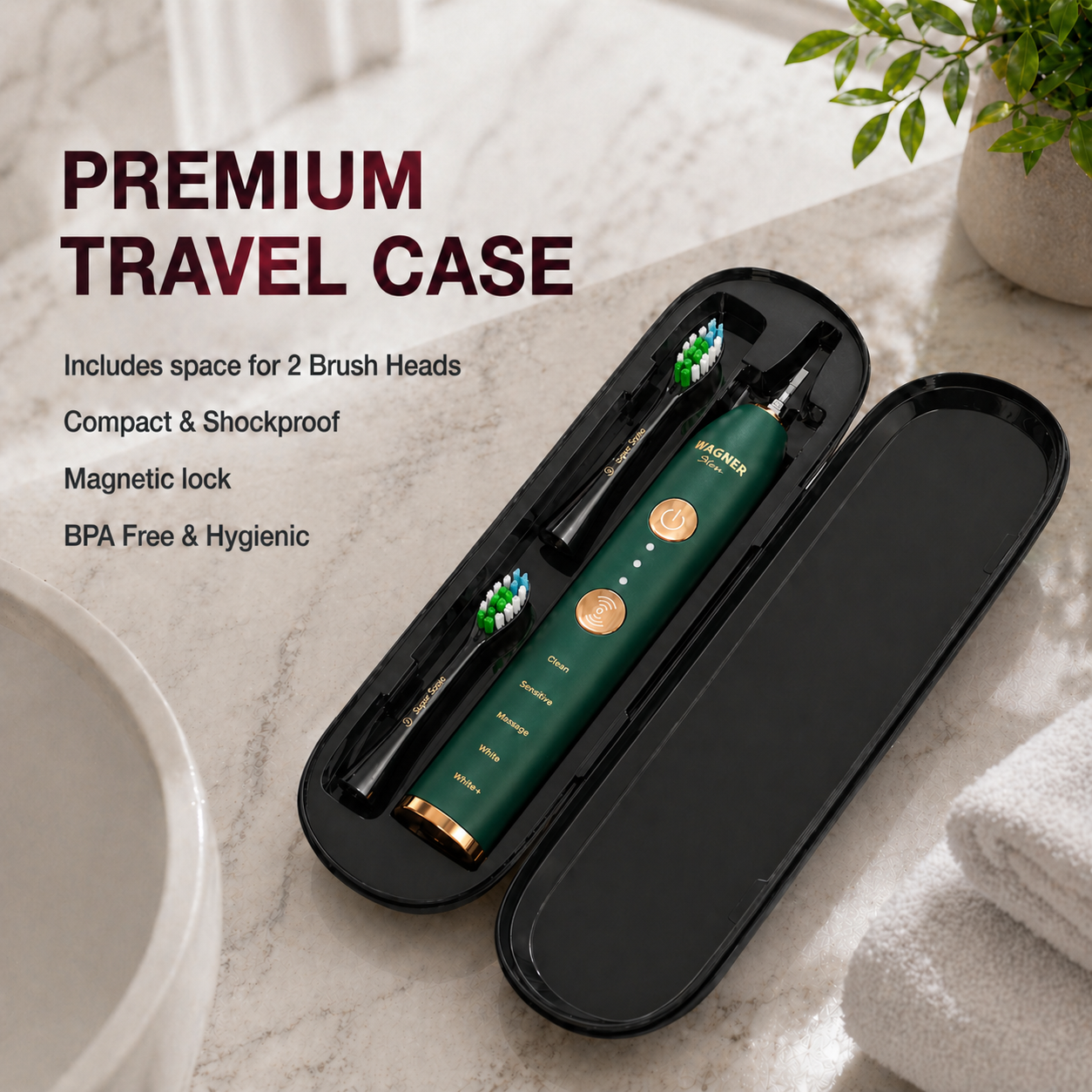 Wagner Stern WHITEN+ Edition. Smart Electric Toothbrush with Pressure Sensor. 5 Modes, 3 Intensity Levels, 8 Dupont Bristles, Premium Travel Case.