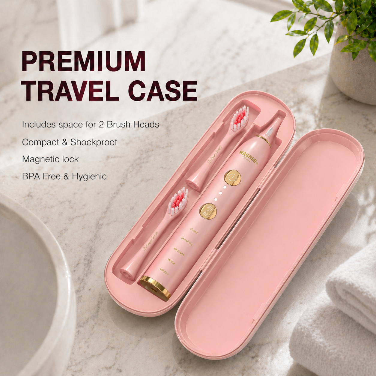 Wagner Stern WHITEN+ Edition. Smart Electric Toothbrush with Pressure Sensor. 5 Modes, 3 Intensity Levels, 8 Dupont Bristles, Premium Travel Case.