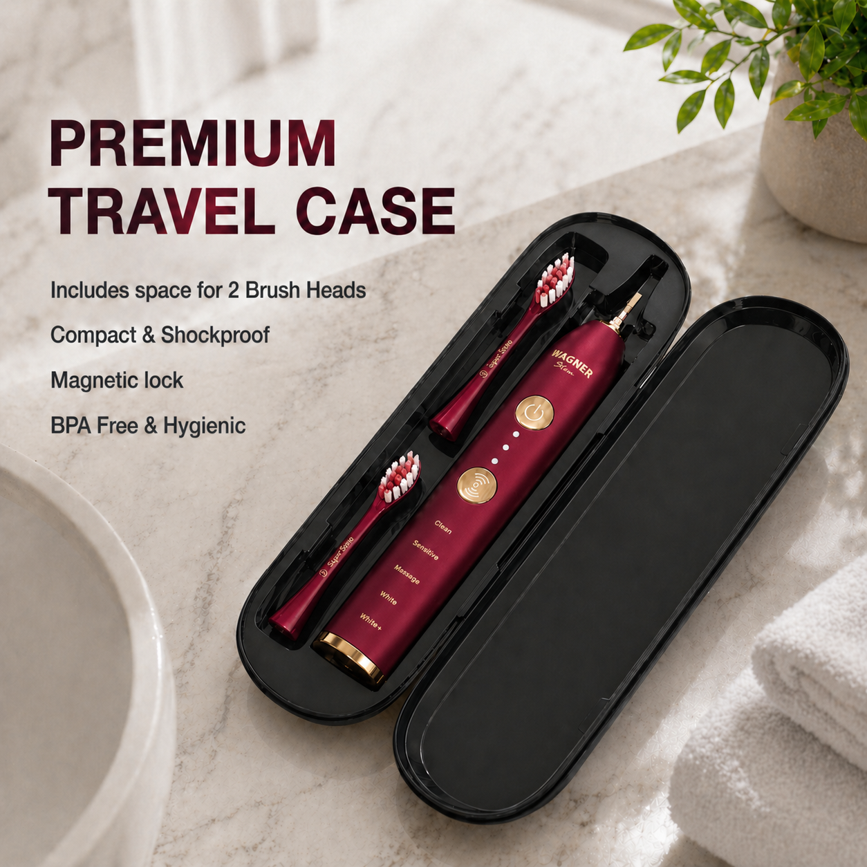 Wagner Stern WHITEN+ Edition. Smart Electric Toothbrush with Pressure Sensor. 5 Modes, 3 Intensity Levels, 8 Dupont Bristles, Premium Travel Case.