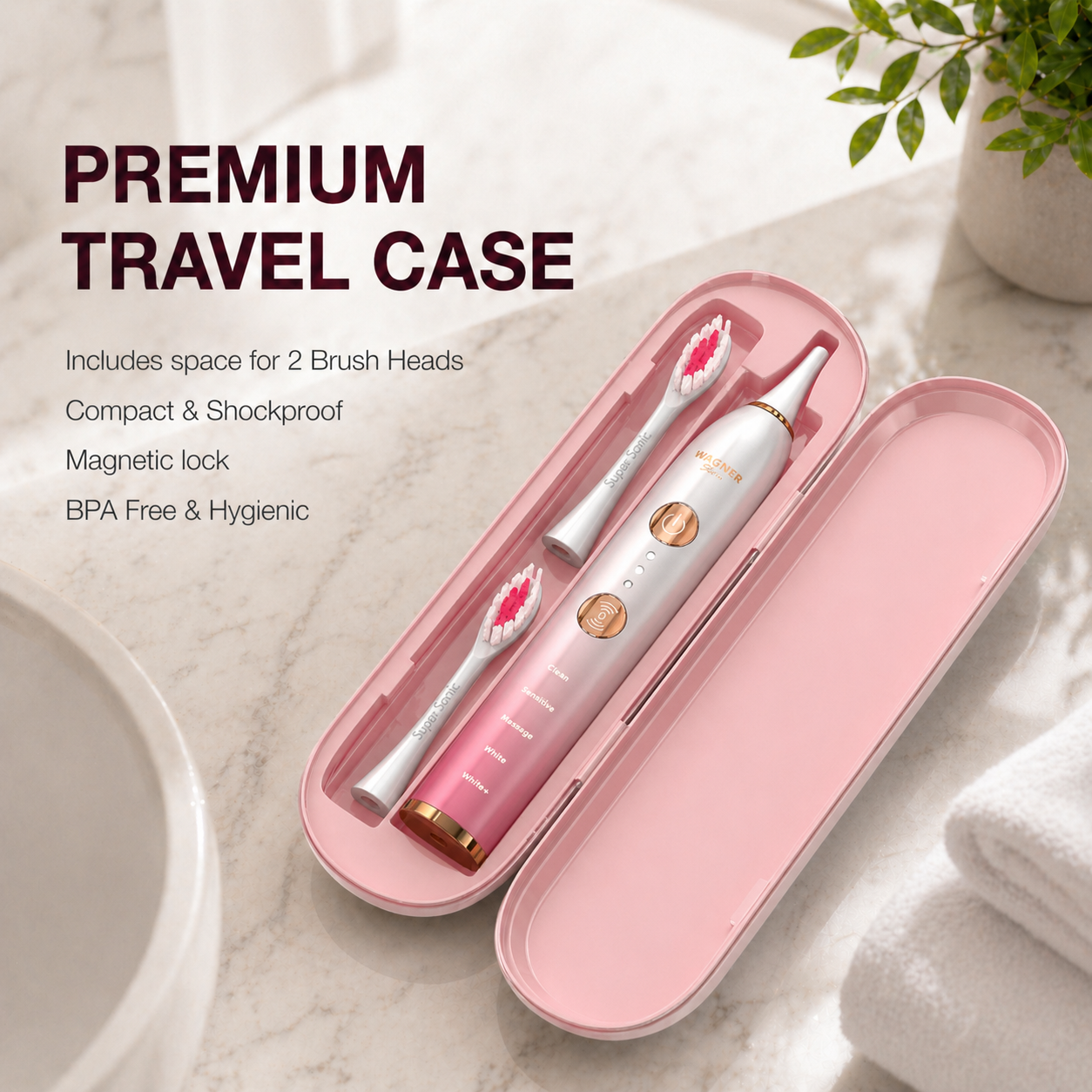 Wagner Stern WHITEN+ Edition. Smart Electric Toothbrush with Pressure Sensor. 5 Modes, 3 Intensity Levels, 8 Dupont Bristles, Premium Travel Case.