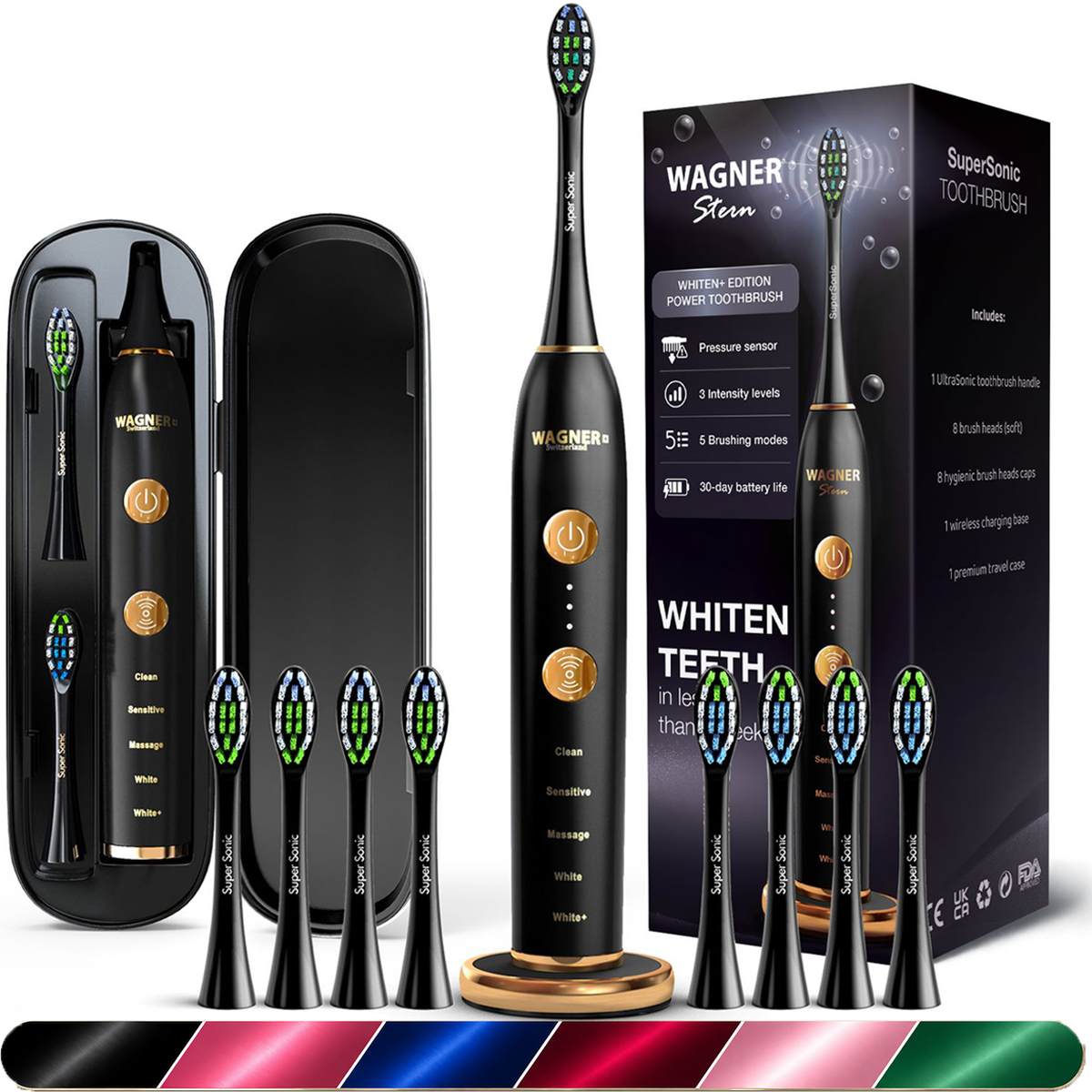Wagner Stern WHITEN+ Edition. Smart Electric Toothbrush with Pressure Sensor. 5 Modes, 3 Intensity Levels, 8 Dupont Bristles, Premium Travel Case.