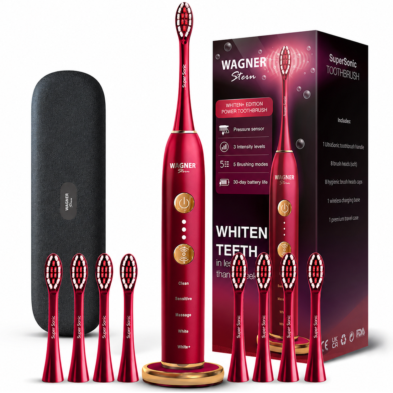 Wagner Stern WHITEN+ Edition. Smart Electric Toothbrush with Pressure Sensor. 5 Modes, 3 Intensity Levels, 8 Dupont Bristles, Premium Travel Case.