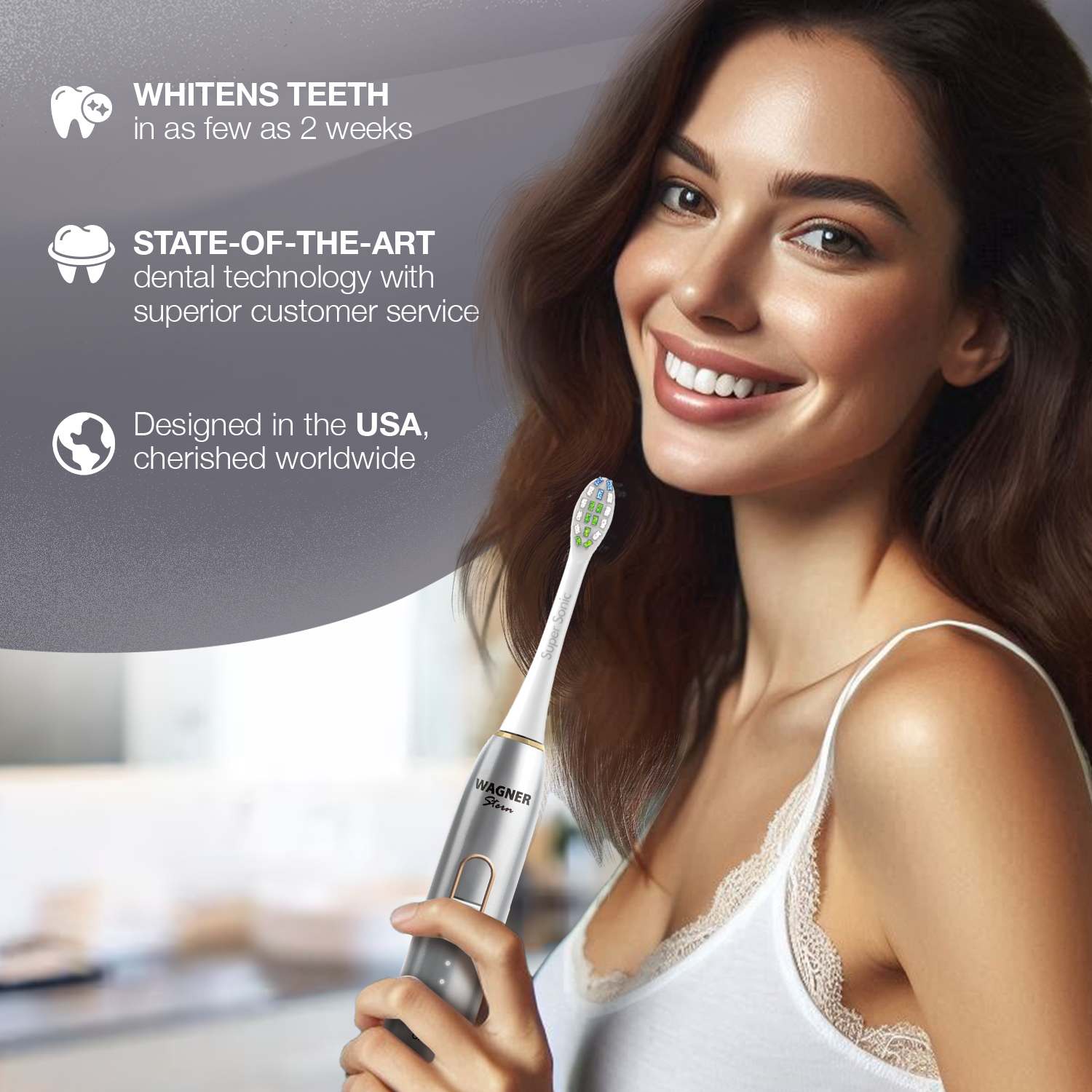 Wagner Stern IntelliBrush Series Whitening Toothbrush with Pressure Sensor, 4 Modes, 3 intensities, 8 Soft Brush Heads, and a Luxury Travel case.