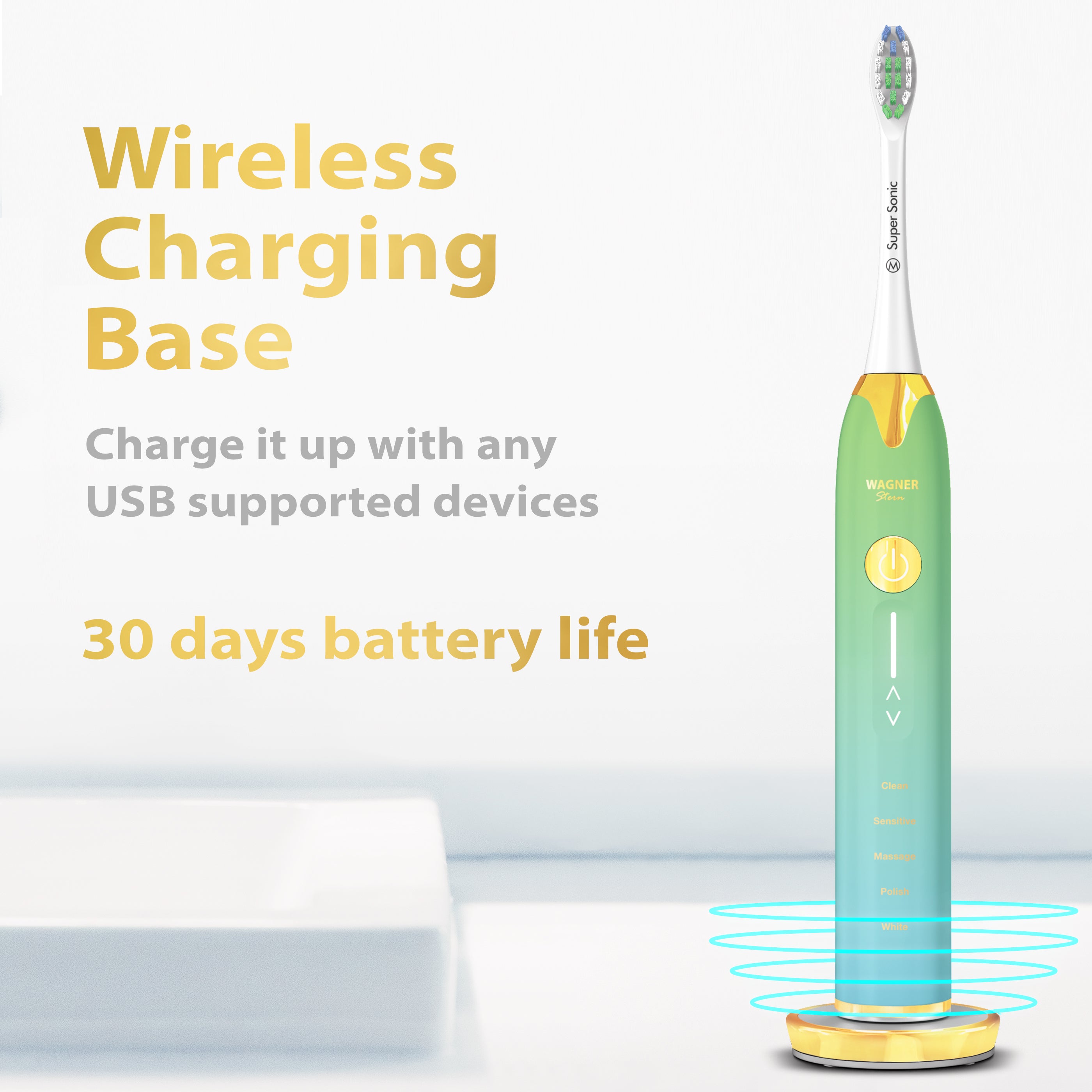 Wagner Stern Whitening Toothbrush with Pressure Sensor. 5 Modes and 4 Intensity Levels, 8 Dupont Bristles, Premium Travel Case.
