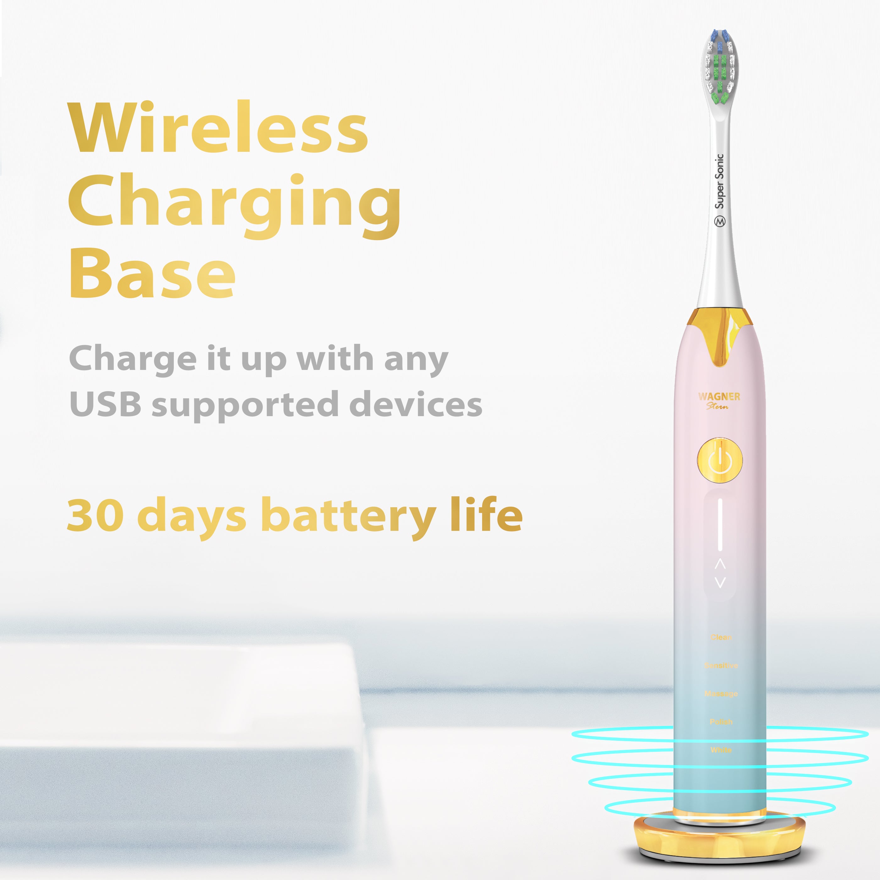 Wagner Stern Whitening Toothbrush with Pressure Sensor. 5 Modes and 4 Intensity Levels, 8 Dupont Bristles, Premium Travel Case.