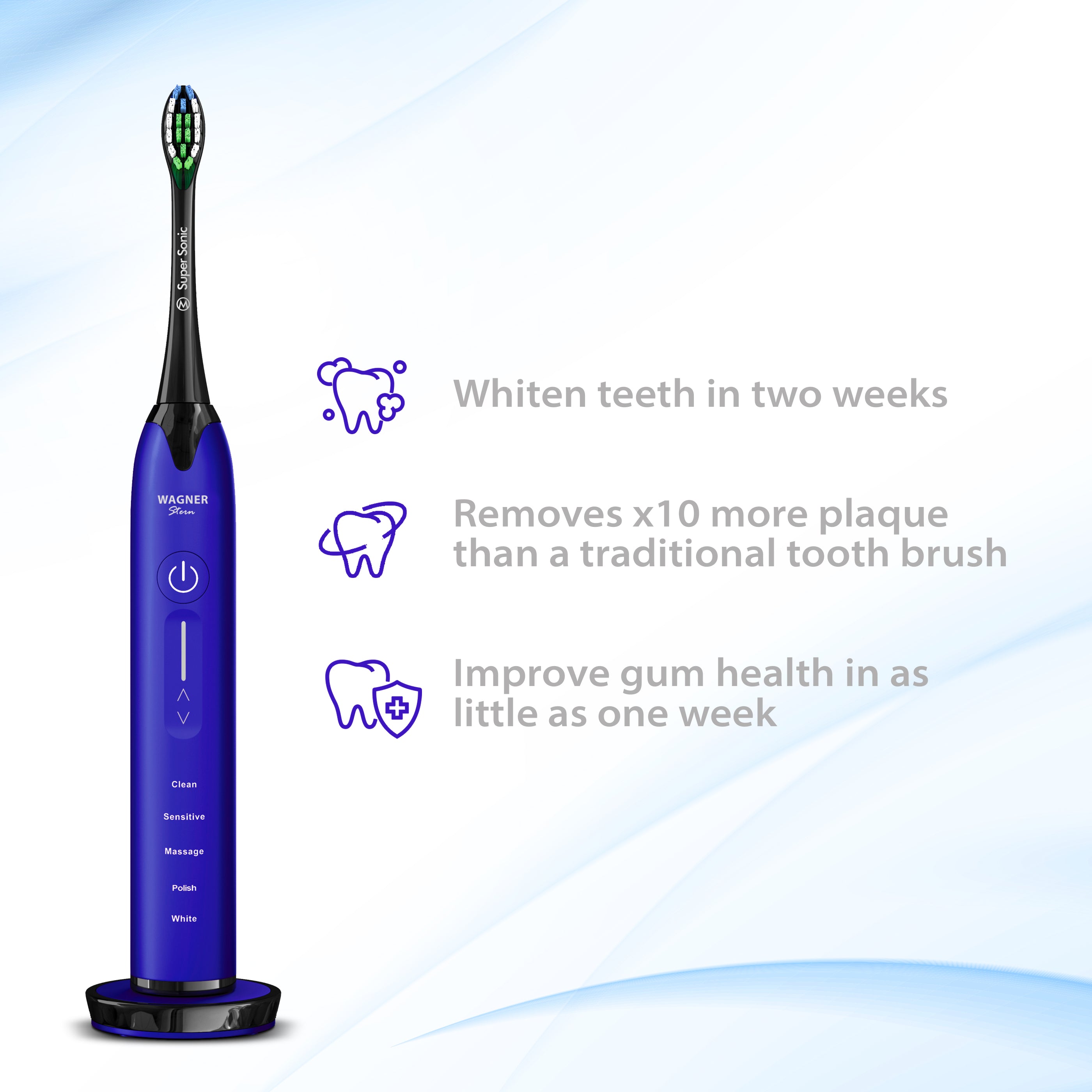 Wagner Stern Whitening Toothbrush with Pressure Sensor. 5 Modes and 4 Intensity Levels, 8 Dupont Bristles, Premium Travel Case.