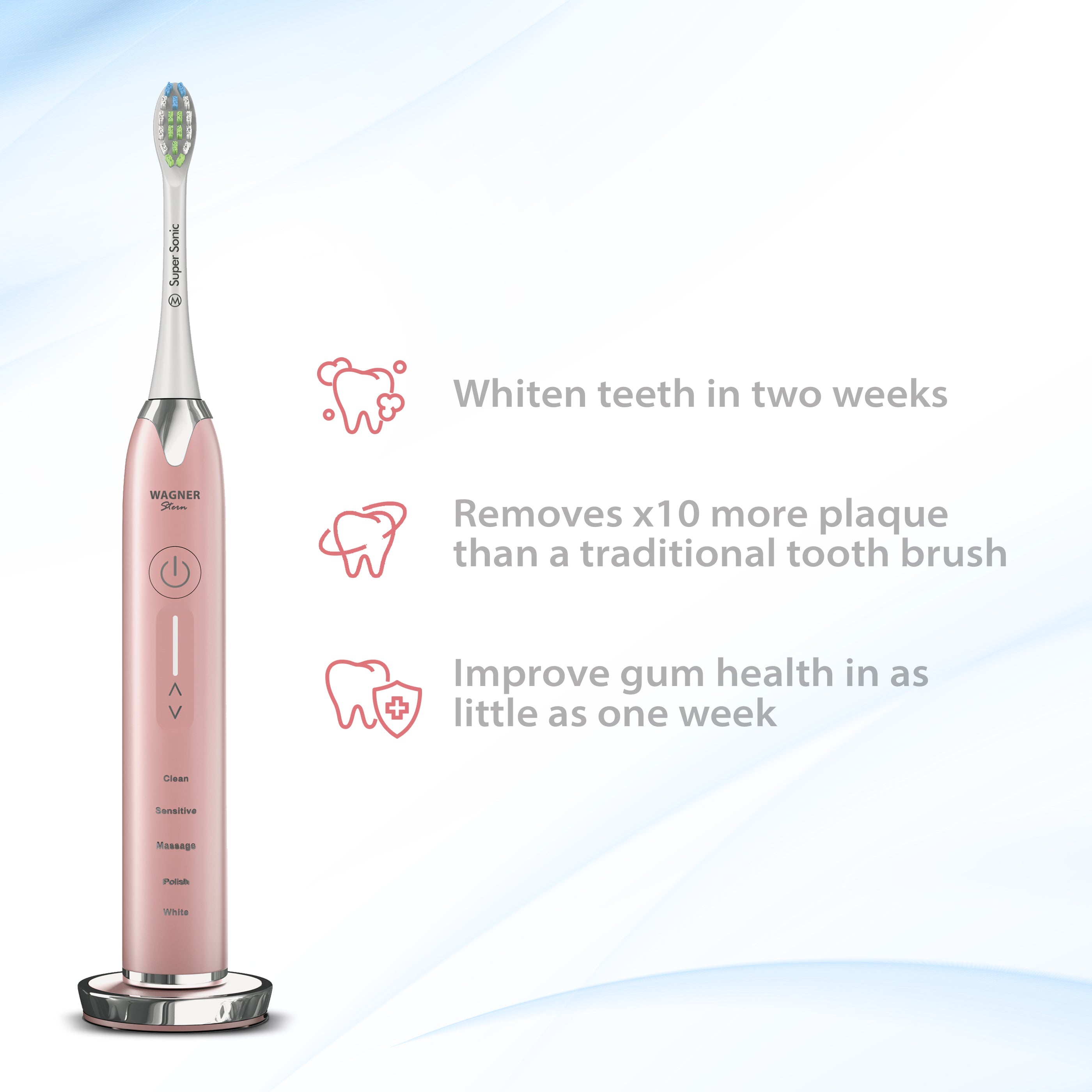 Wagner Stern Whitening Toothbrush with Pressure Sensor. 5 Modes and 4 Intensity Levels, 8 Dupont Bristles, Premium Travel Case.
