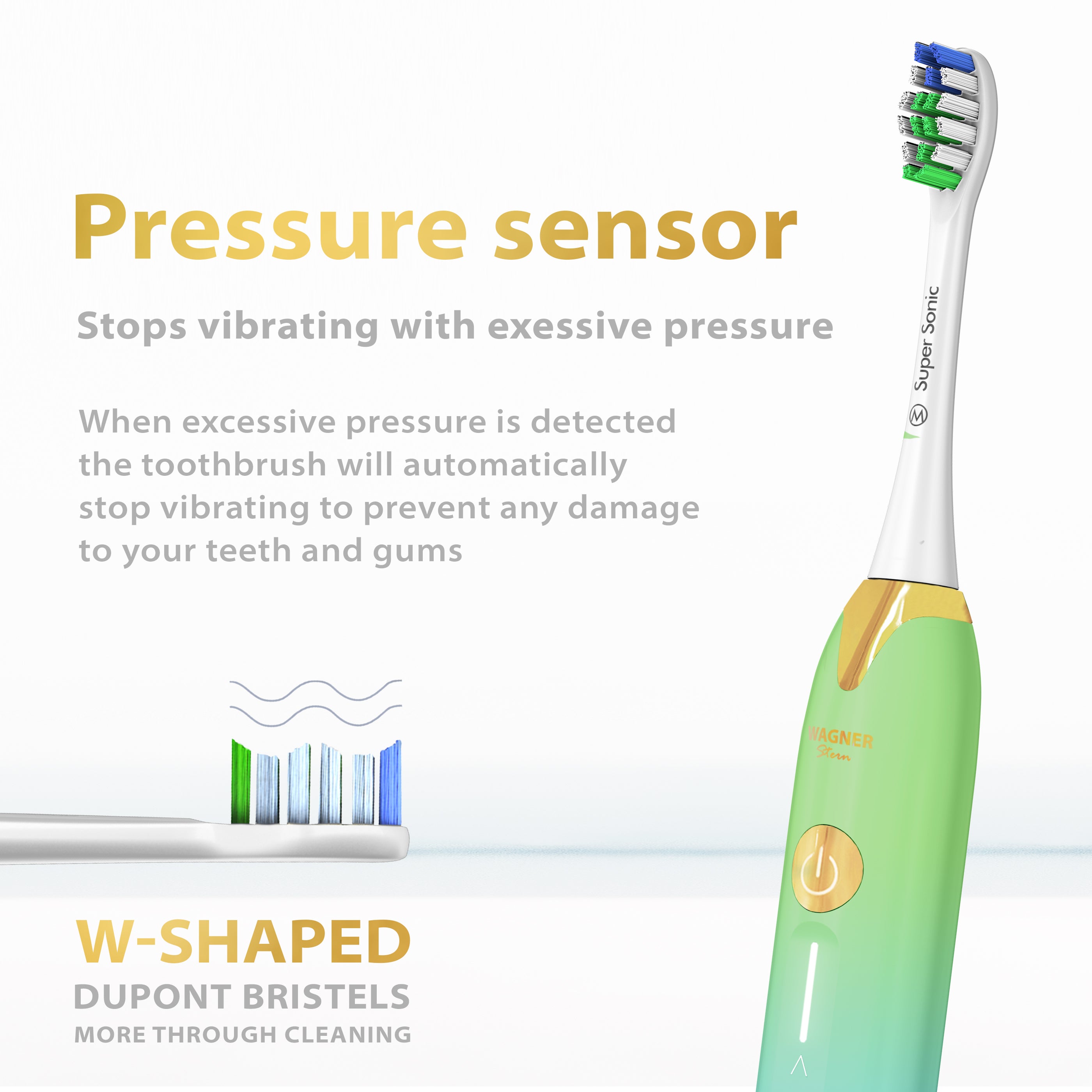 Wagner Stern Whitening Toothbrush with Pressure Sensor. 5 Modes and 4 Intensity Levels, 8 Dupont Bristles, Premium Travel Case.