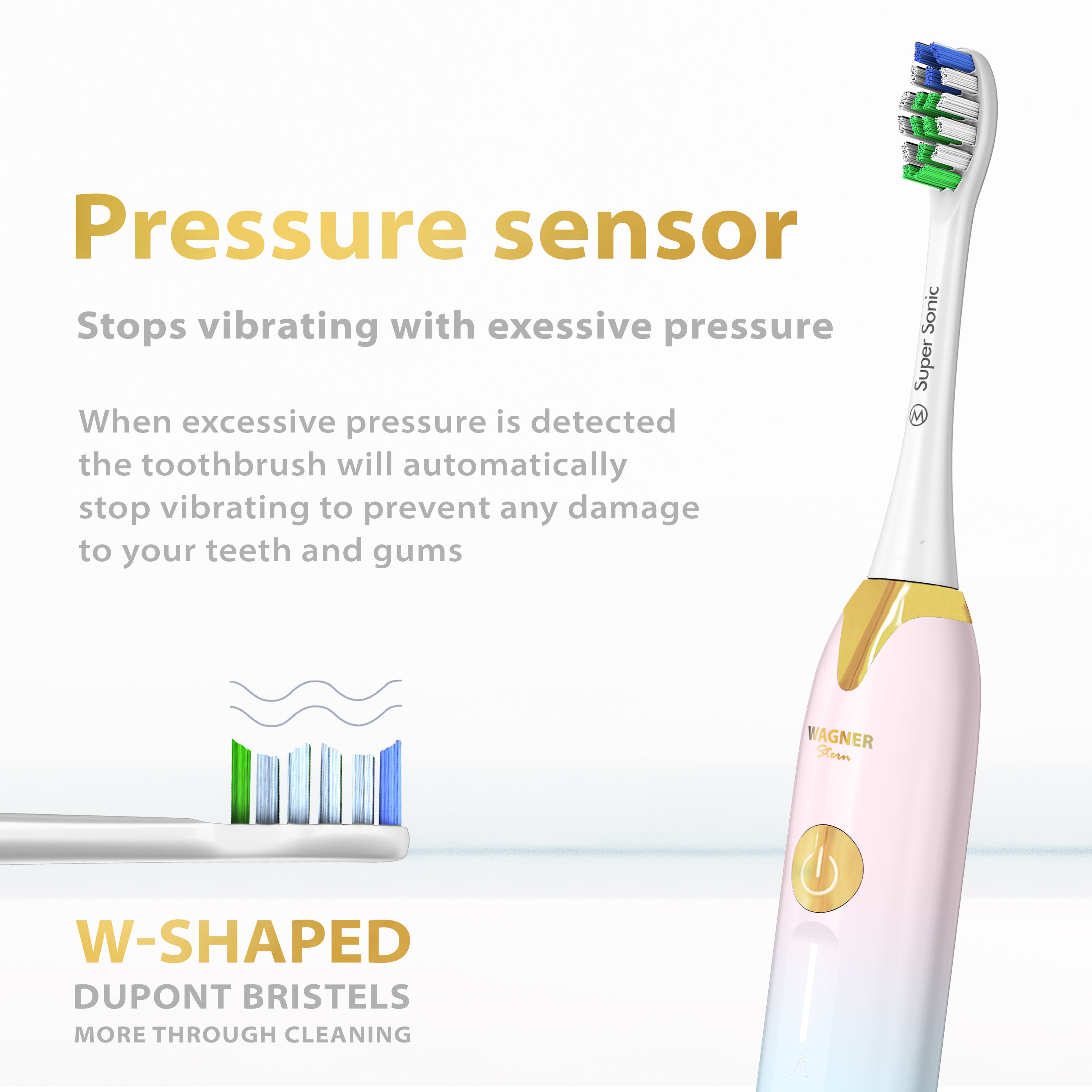Wagner Stern Whitening Toothbrush with Pressure Sensor. 5 Modes and 4 Intensity Levels, 8 Dupont Bristles, Premium Travel Case.