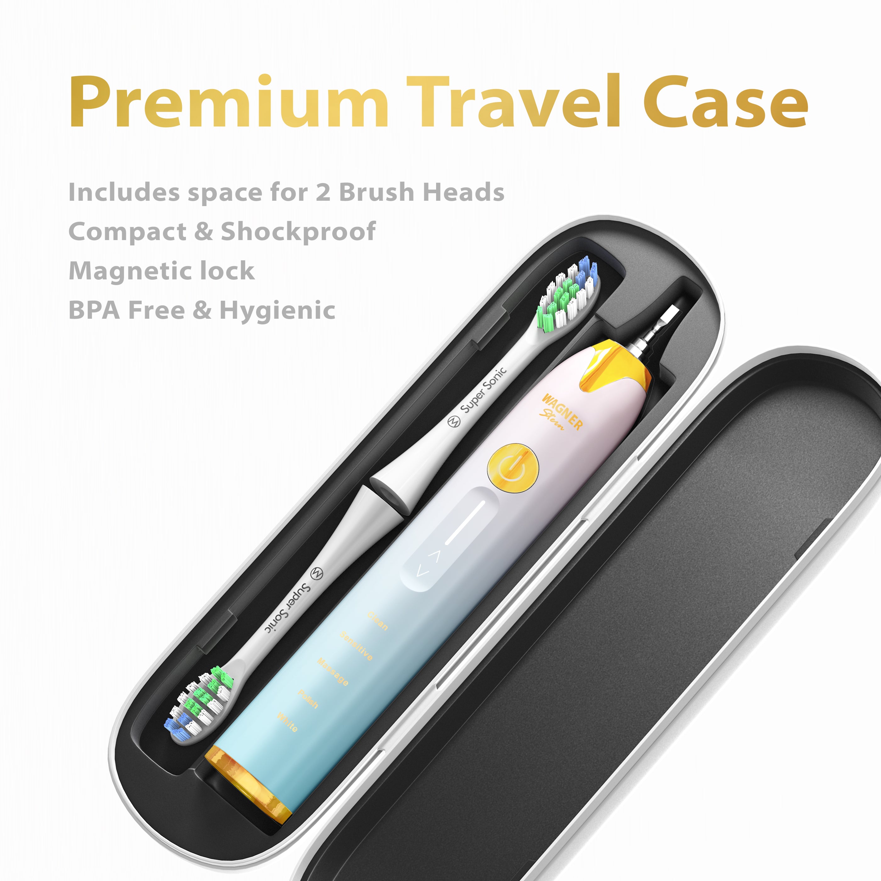 Wagner Stern Whitening Toothbrush with Pressure Sensor. 5 Modes and 4 Intensity Levels, 8 Dupont Bristles, Premium Travel Case.