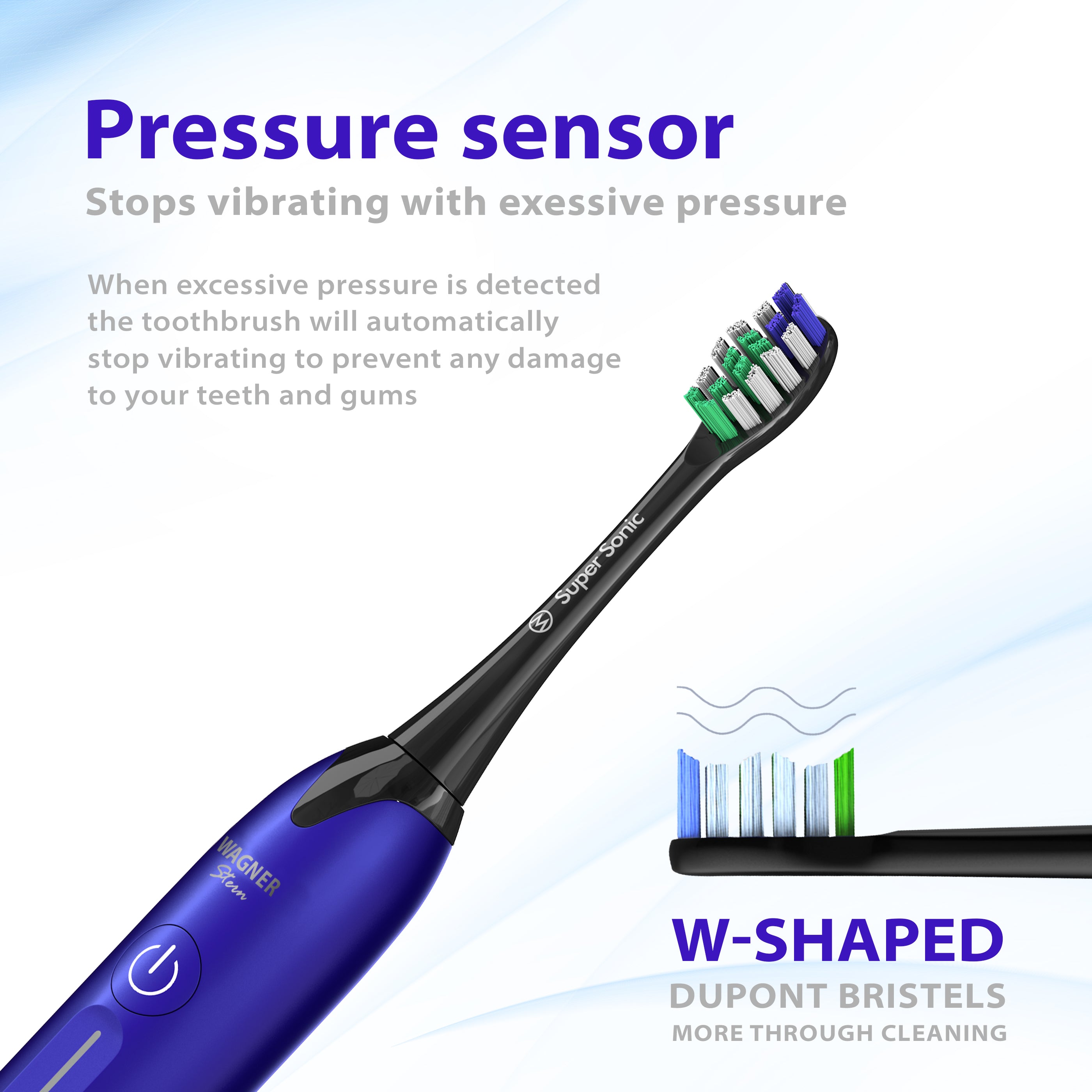Wagner Stern Whitening Toothbrush with Pressure Sensor. 5 Modes and 4 Intensity Levels, 8 Dupont Bristles, Premium Travel Case.