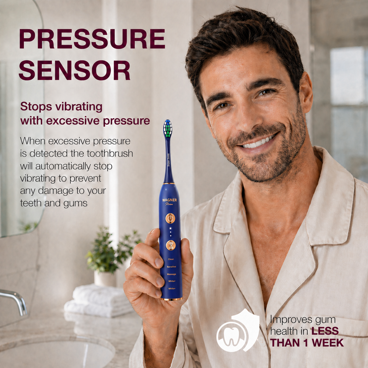 Wagner Stern WHITEN+ Edition. Smart Electric Toothbrush with Pressure Sensor. 5 Modes, 3 Intensity Levels, 8 Dupont Bristles, Premium Travel Case.