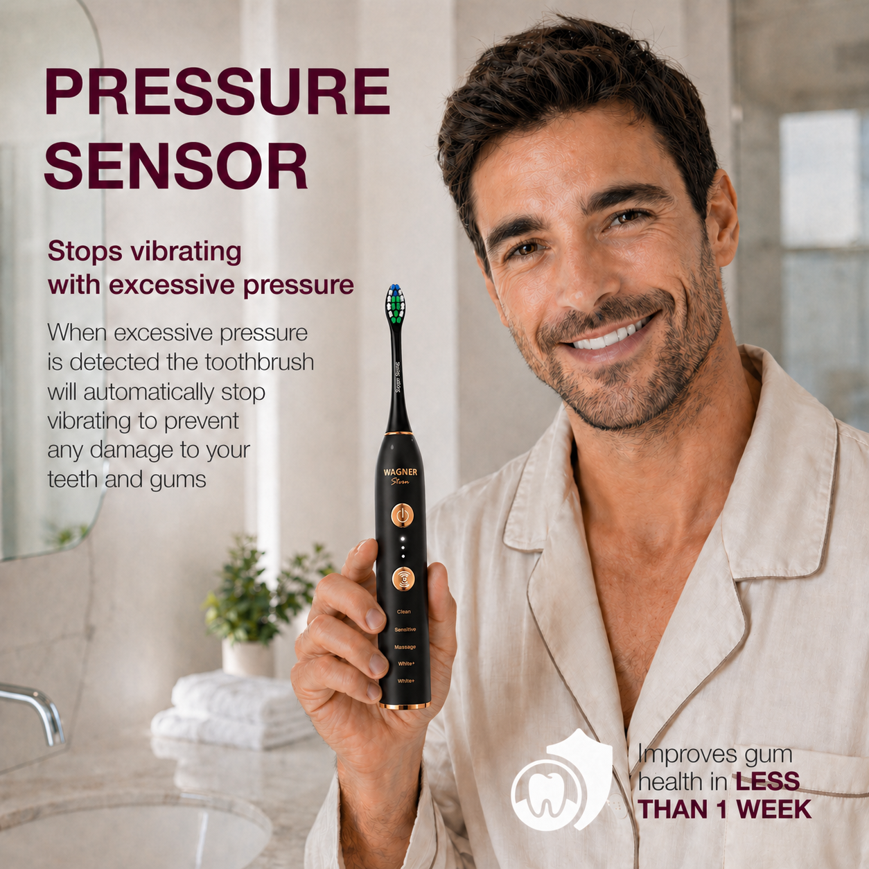 Wagner Stern WHITEN+ Edition. Smart Electric Toothbrush with Pressure Sensor. 5 Modes, 3 Intensity Levels, 8 Dupont Bristles, Premium Travel Case.