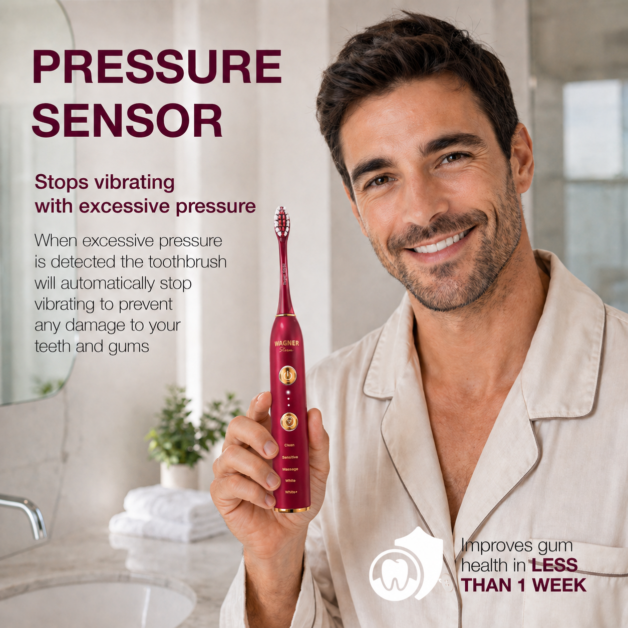 Wagner Stern WHITEN+ Edition. Smart Electric Toothbrush with Pressure Sensor. 5 Modes, 3 Intensity Levels, 8 Dupont Bristles, Premium Travel Case.