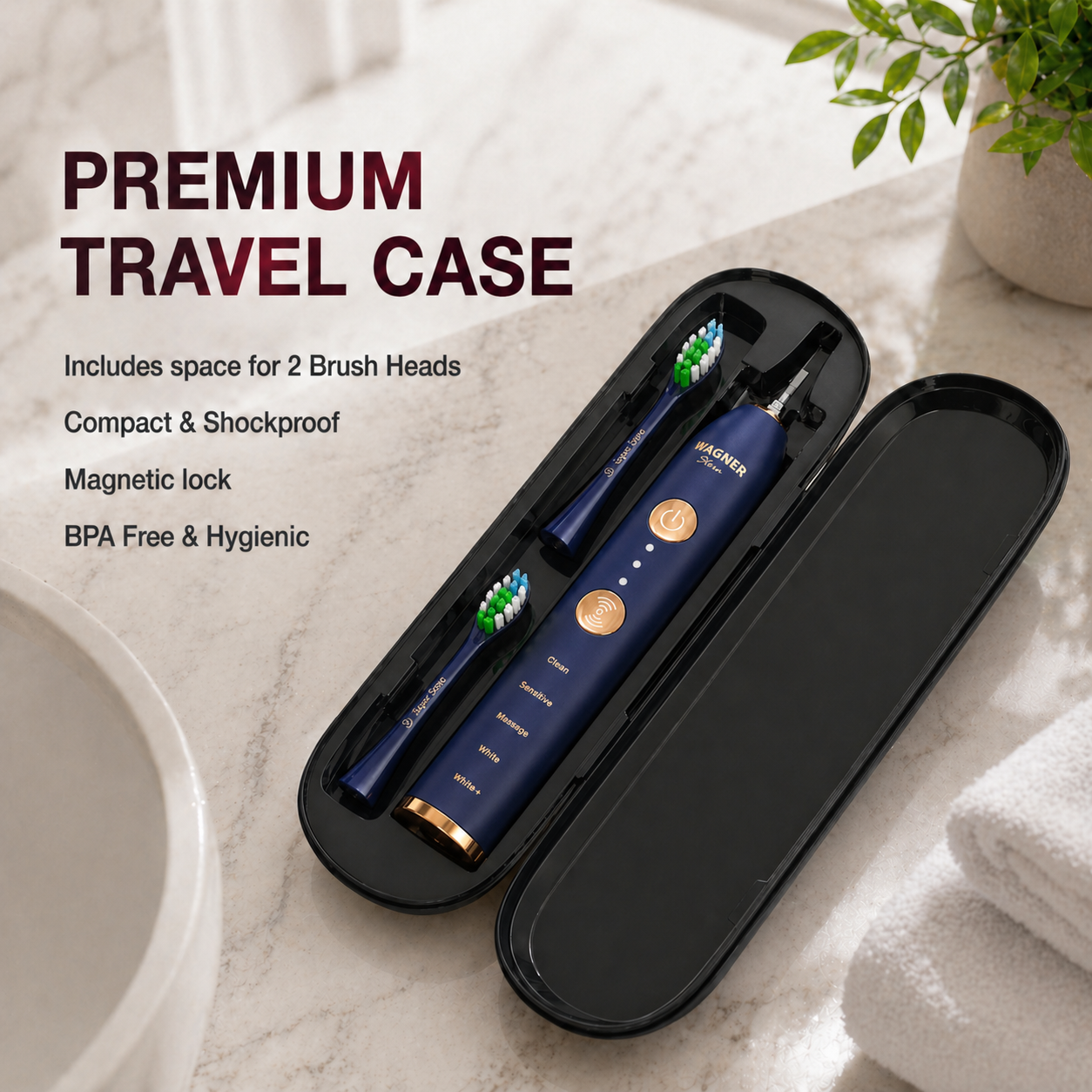 Wagner Stern WHITEN+ Edition. Smart Electric Toothbrush with Pressure Sensor. 5 Modes, 3 Intensity Levels, 8 Dupont Bristles, Premium Travel Case.