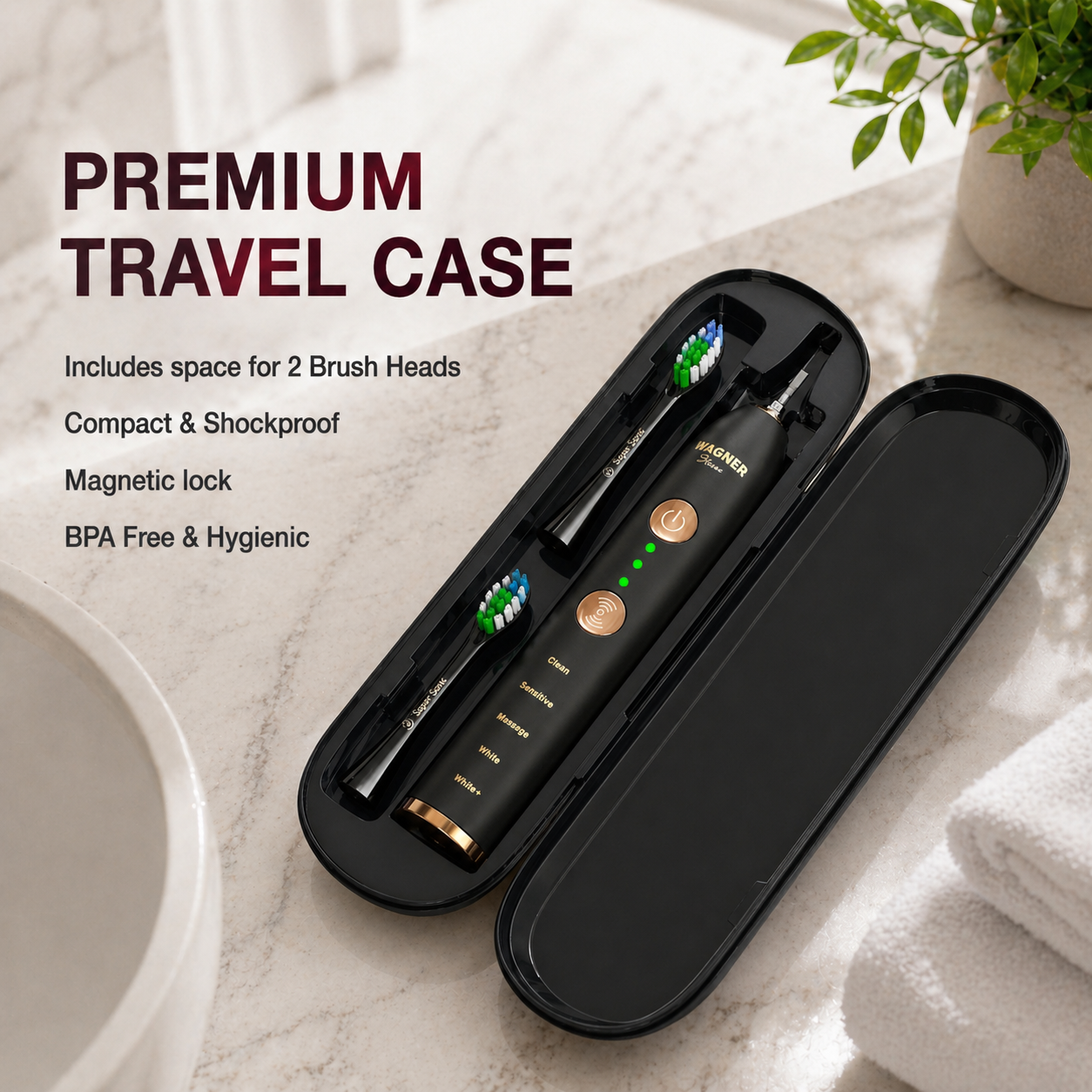 Wagner Stern WHITEN+ Edition. Smart Electric Toothbrush with Pressure Sensor. 5 Modes, 3 Intensity Levels, 8 Dupont Bristles, Premium Travel Case.