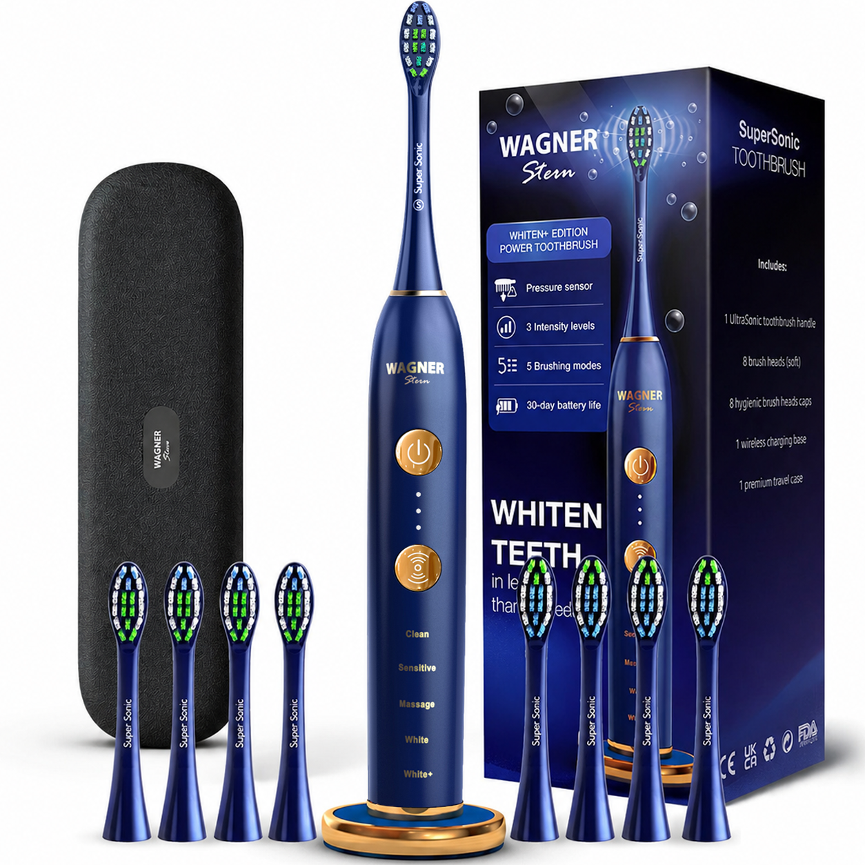 Wagner Stern WHITEN+ Edition. Smart Electric Toothbrush with Pressure Sensor. 5 Modes, 3 Intensity Levels, 8 Dupont Bristles, Premium Travel Case.