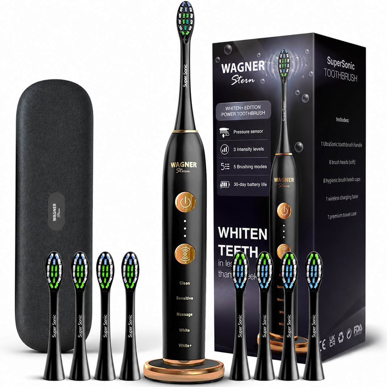 Wagner Stern WHITEN+ Edition. Smart Electric Toothbrush with Pressure Sensor. 5 Modes, 3 Intensity Levels, 8 Dupont Bristles, Premium Travel Case.