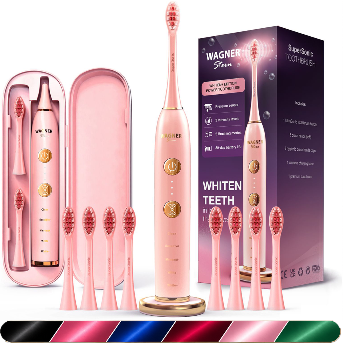 Wagner Stern WHITEN+ Edition. Smart Electric Toothbrush with Pressure Sensor. 5 Modes, 3 Intensity Levels, 8 Dupont Bristles, Premium Travel Case.