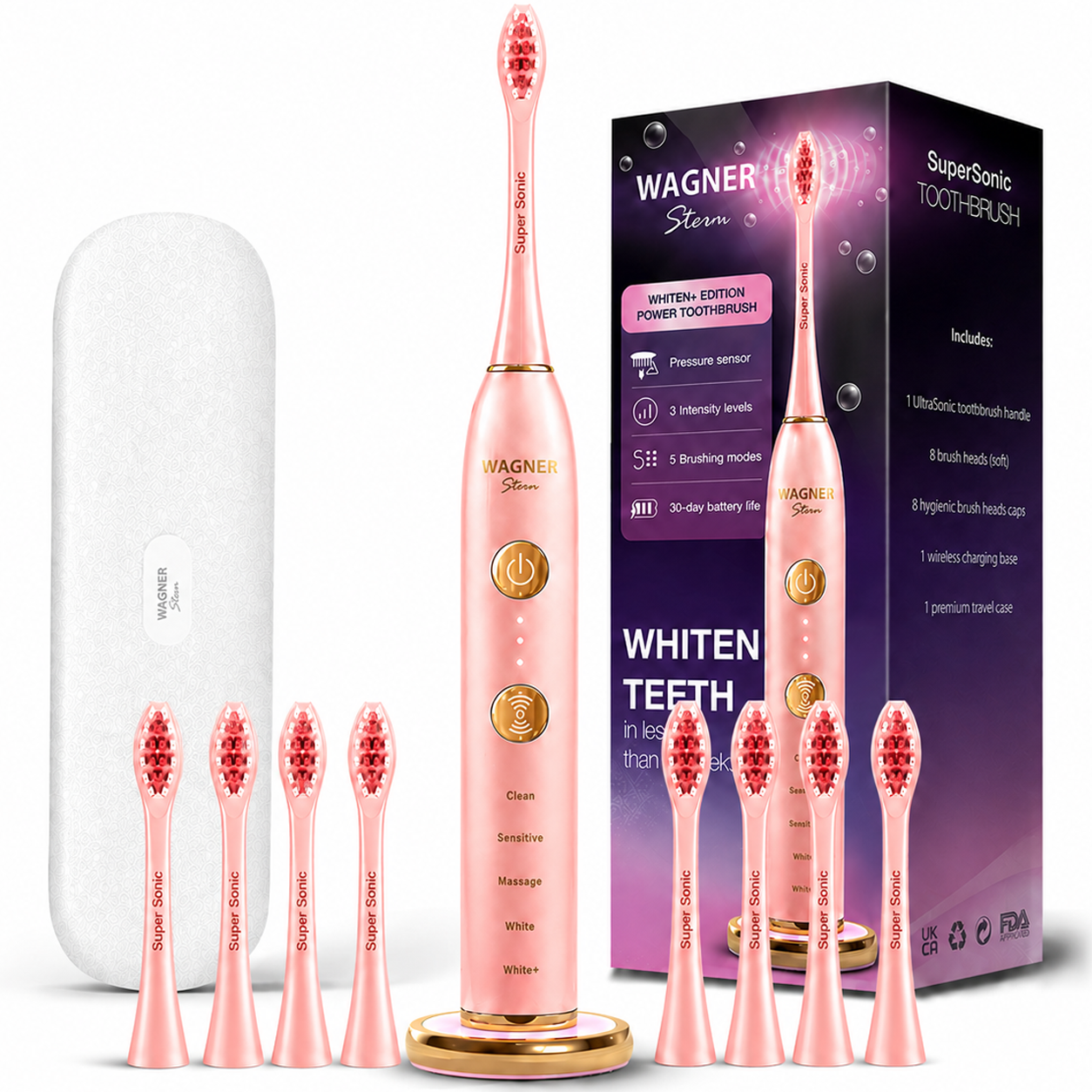 Wagner Stern WHITEN+ Edition. Smart Electric Toothbrush with Pressure Sensor. 5 Modes, 3 Intensity Levels, 8 Dupont Bristles, Premium Travel Case.