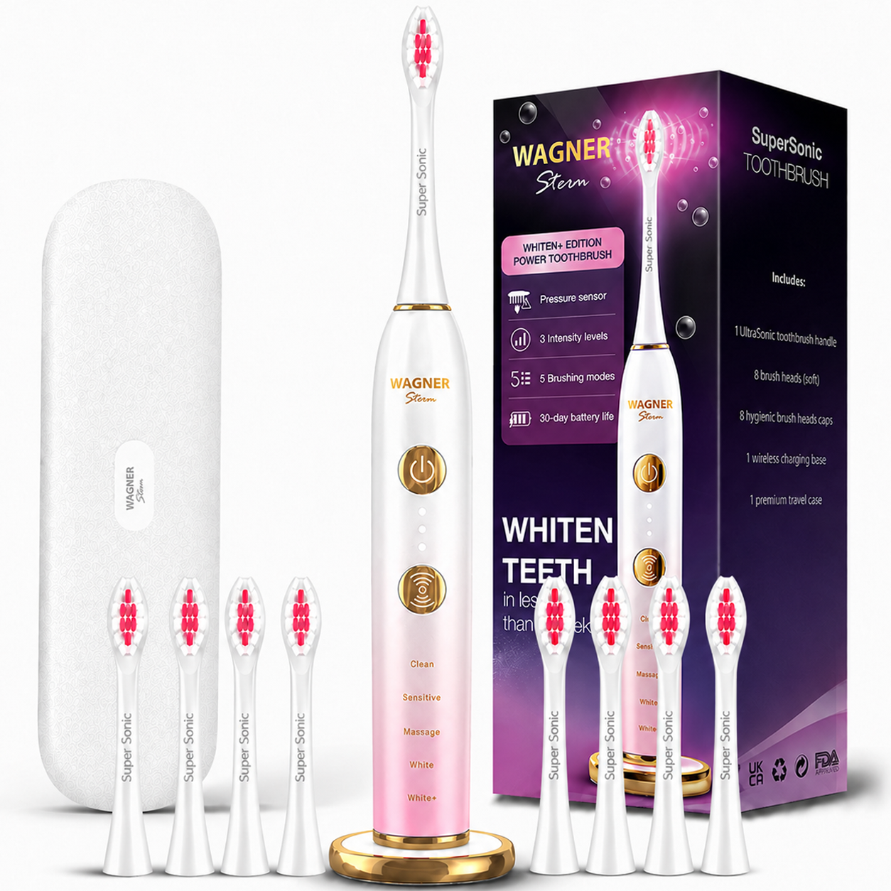 Wagner Stern WHITEN+ Edition. Smart Electric Toothbrush with Pressure Sensor. 5 Modes, 3 Intensity Levels, 8 Dupont Bristles, Premium Travel Case.