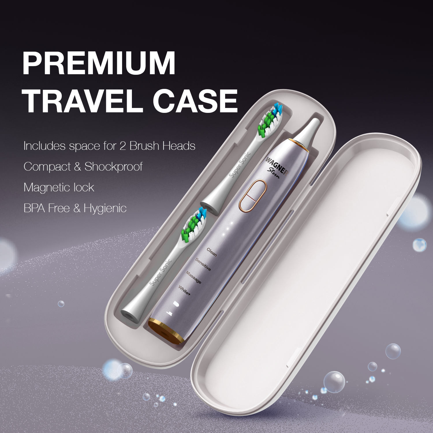 Wagner Stern IntelliBrush Series Whitening Toothbrush with Pressure Sensor, 4 Modes, 3 intensities, 8 Soft Brush Heads, and a Luxury Travel case.