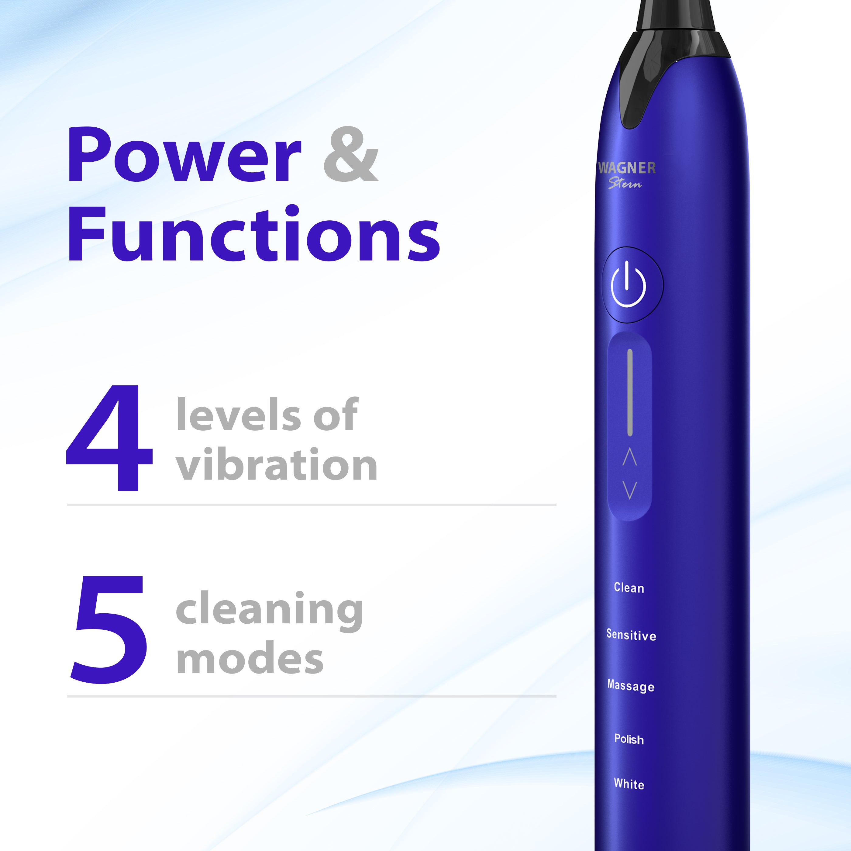 Wagner Stern Whitening Toothbrush with Pressure Sensor. 5 Modes and 4 Intensity Levels,  8 Dupont Bristles, Premium Travel Case.