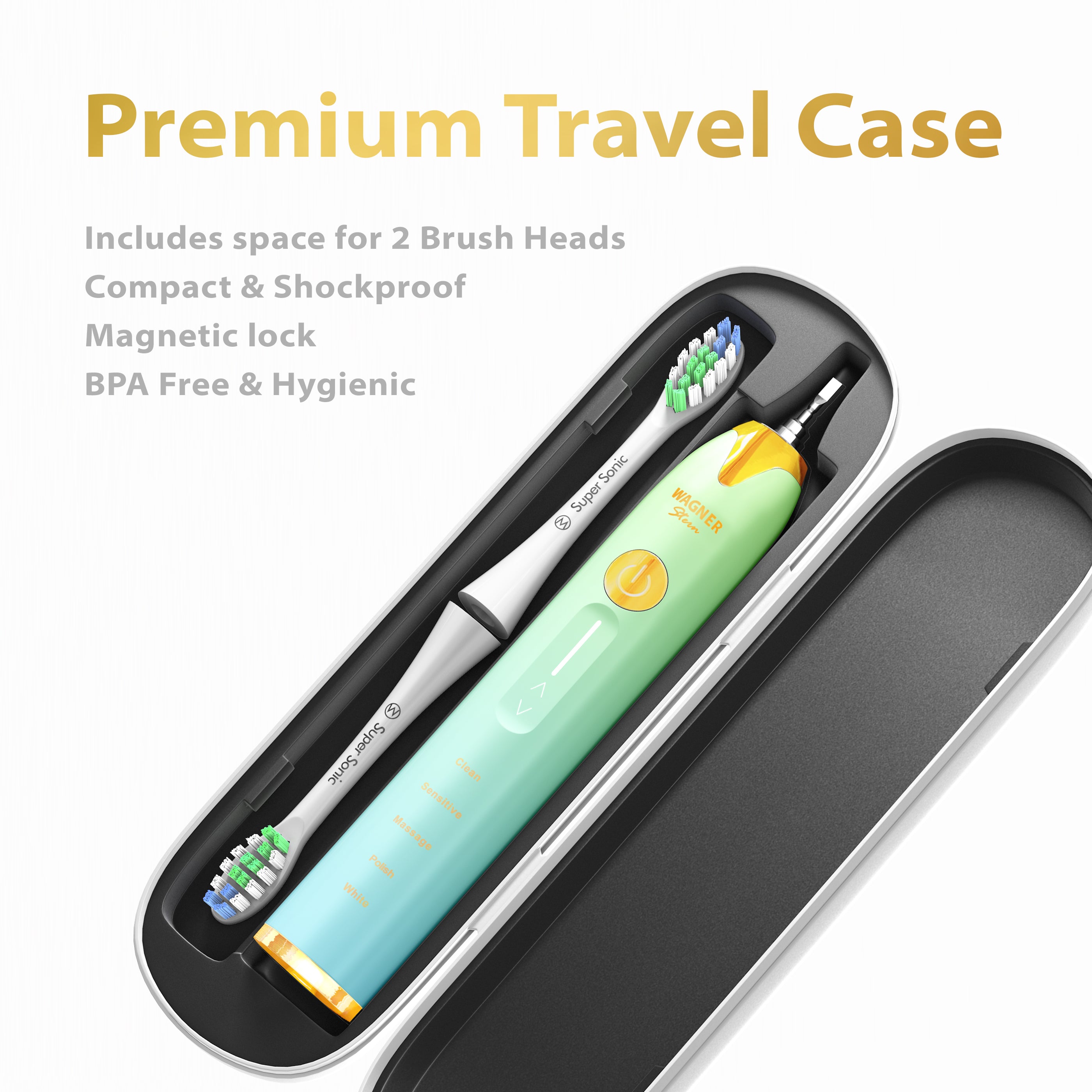Wagner Stern Whitening Toothbrush with Pressure Sensor. 5 Modes and 4 Intensity Levels,  8 Dupont Bristles, Premium Travel Case.