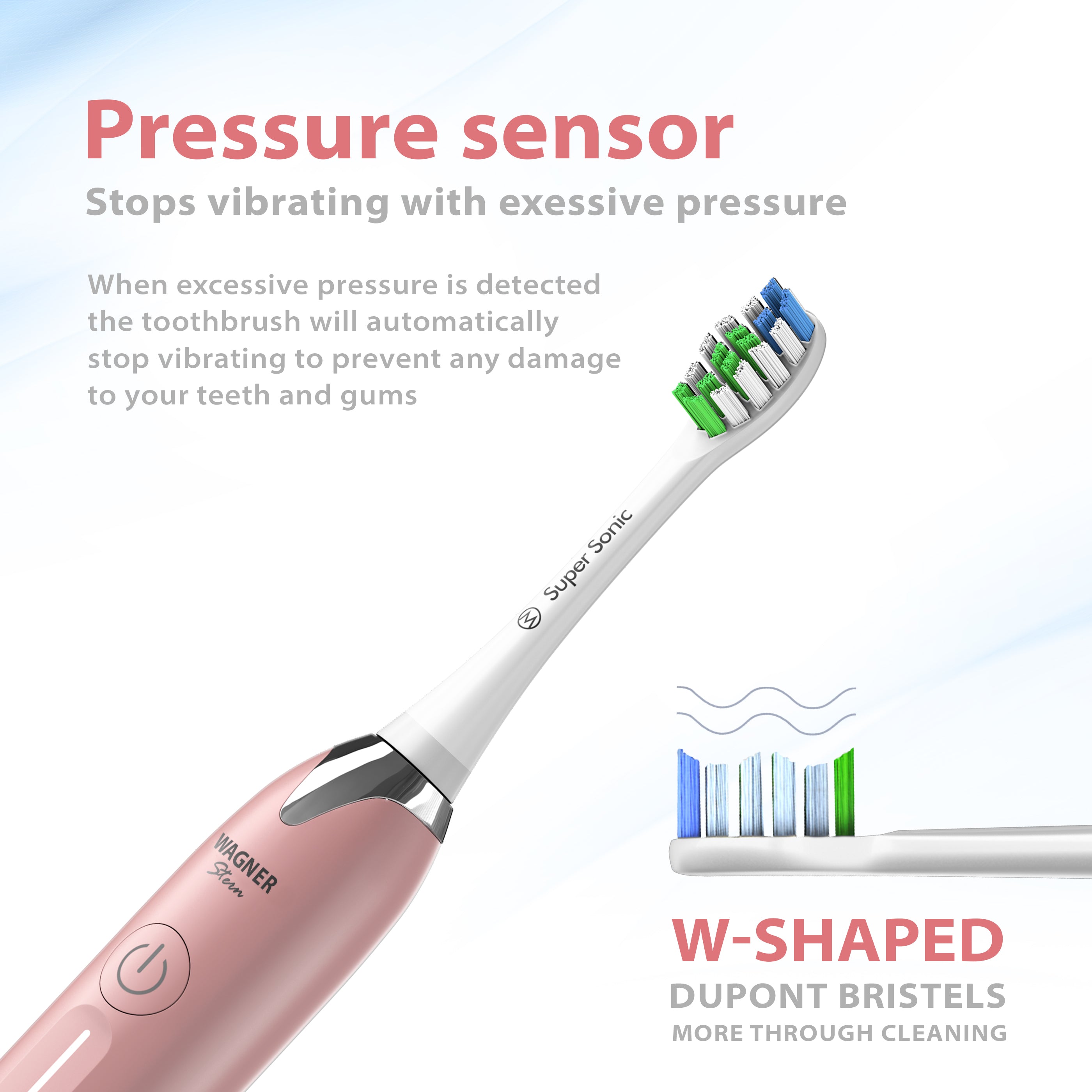 Wagner Stern Whitening Toothbrush with Pressure Sensor. 5 Modes and 4 Intensity Levels,  8 Dupont Bristles, Premium Travel Case.