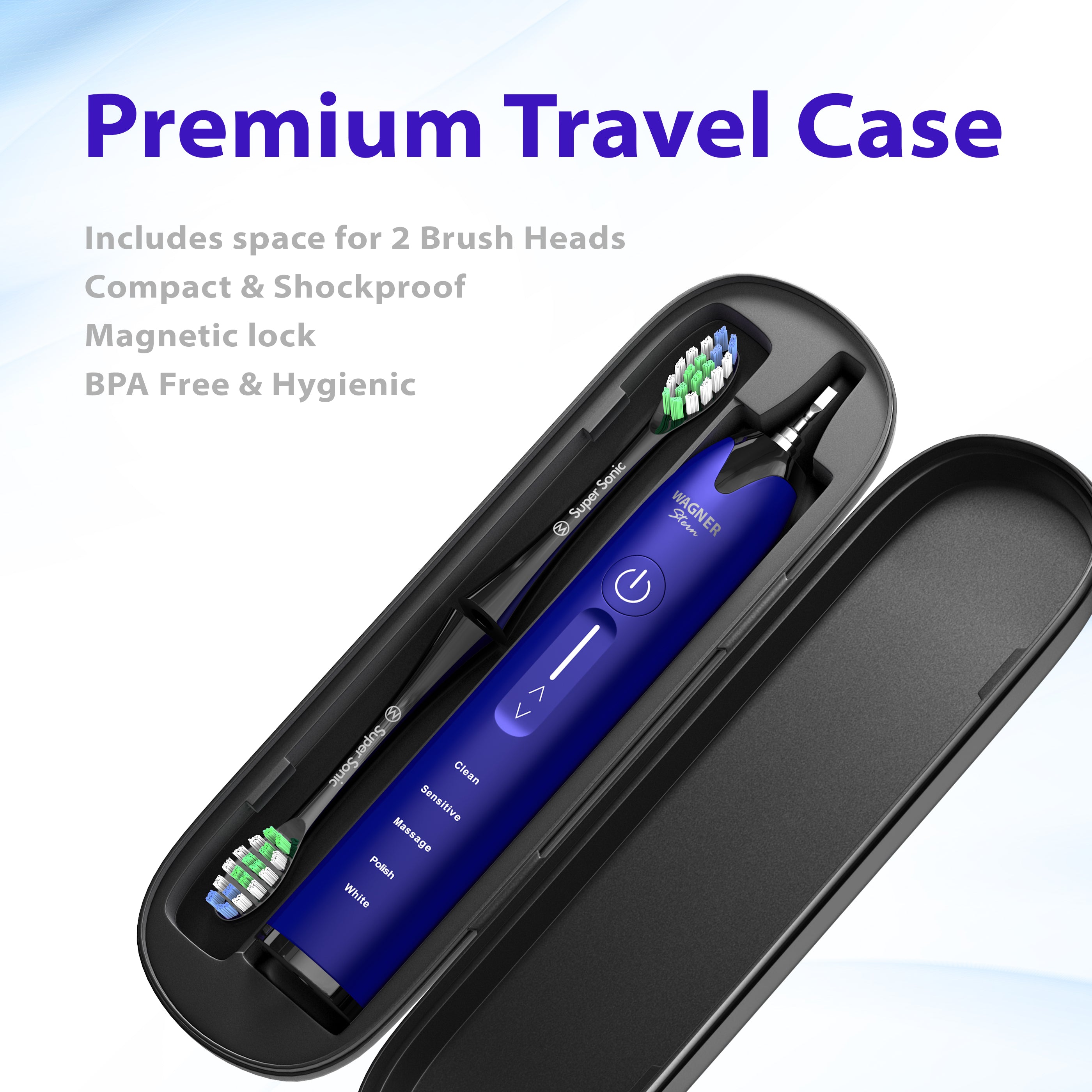 Wagner Stern Whitening Toothbrush with Pressure Sensor. 5 Modes and 4 Intensity Levels,  8 Dupont Bristles, Premium Travel Case.