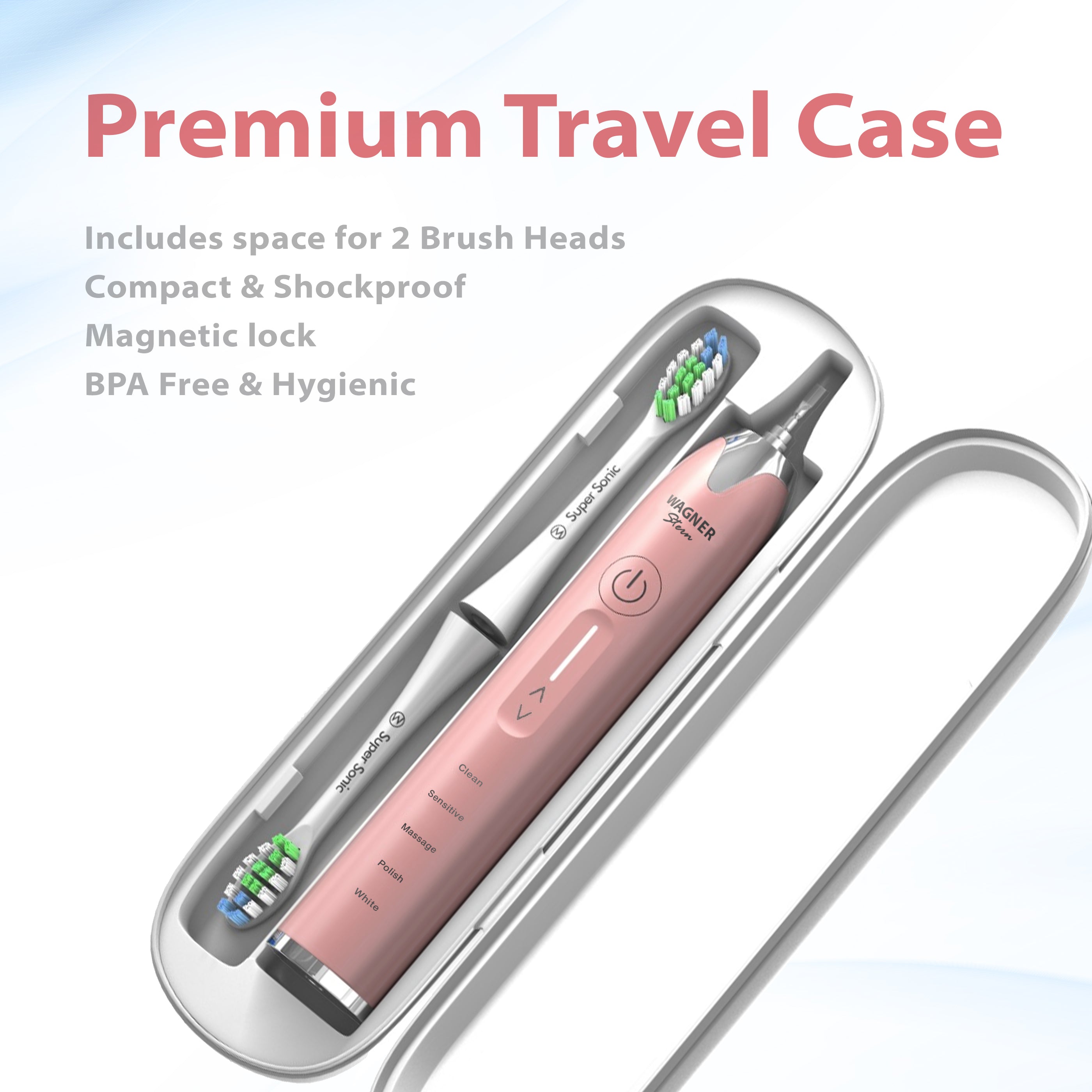 Wagner Stern Whitening Toothbrush with Pressure Sensor. 5 Modes and 4 Intensity Levels,  8 Dupont Bristles, Premium Travel Case.